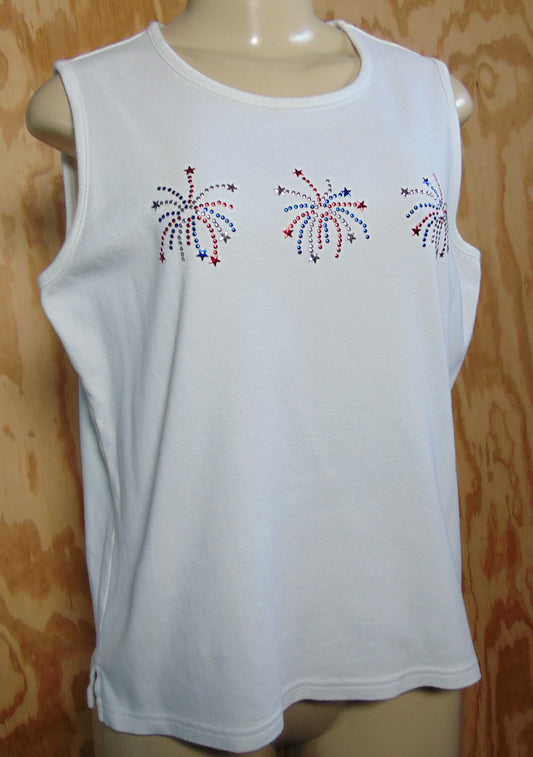 C&B Womens White Sleeveless Tank Rhinestone Firework Large